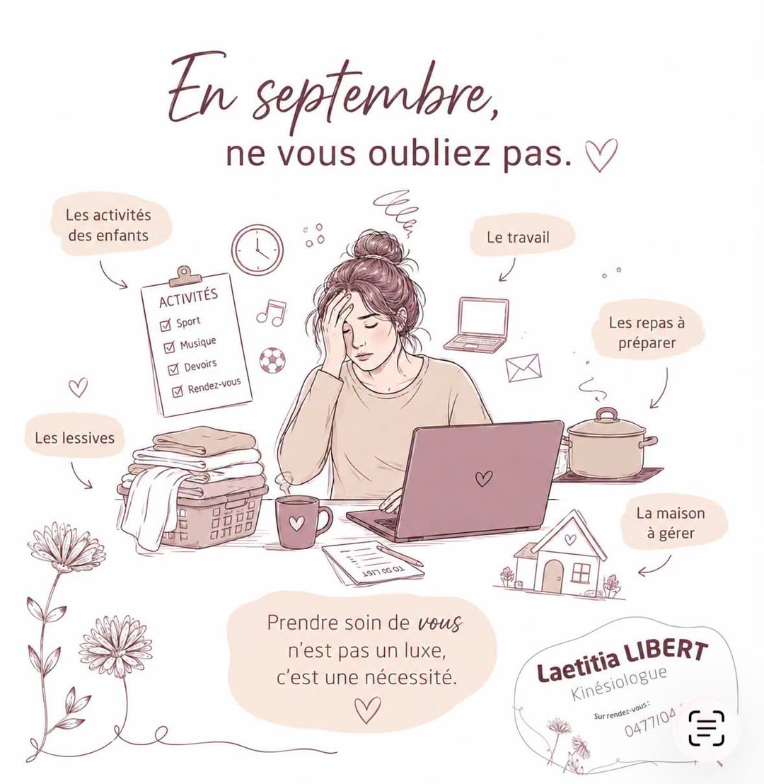 Illustration d’une femme entourée des activités, du travail et des tâches du quotidien
